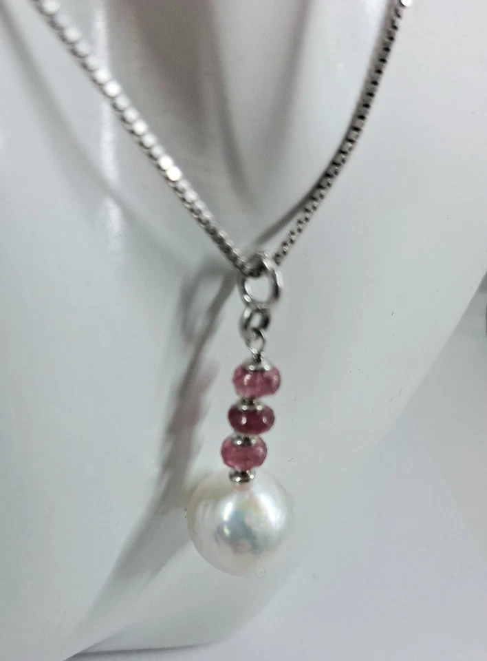 Collana in argento 925 perla barocca bianca 10/12 mm tormalina naturale natale - Immagine 4 di 4