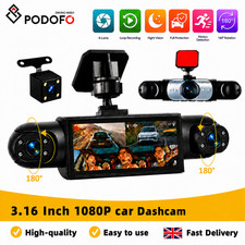 Podofo 4 Lens 360° Dash Cam Front Rear Interior 1080P Night Vision G-Sensor