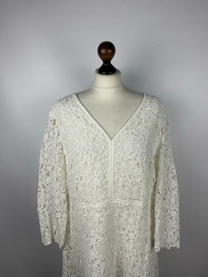 Maxi Vestido Escada Encaje Crochet Algodón/Seda Damas Talla 46 Blanco Cuello en V Diseñador Foto 3 de 4