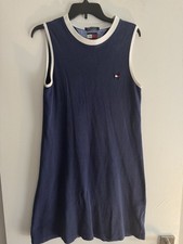 Vintage Y2K Tommy Hilfiger Navy Skater Dress White Trim Womens Size M