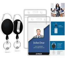 2 Pack Vertical ID Badge Holders with Retractable Reel - Durable Black Design