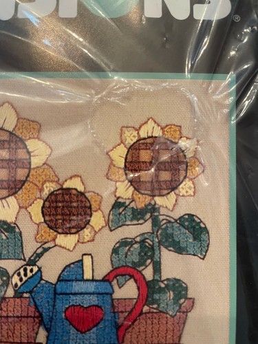 Dimensions Sunflower Cat Cross Stitch 1995 Potted Patchwork 7" x 5" VTG 6697 NOS - Picture 3 of 3