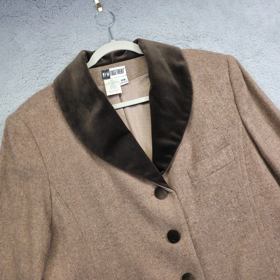 Blazer Together Mujer 16W Marrón Cuello Terciopelo Lana Tweed Plisado Ecuestre NUEVO Foto 4 de 4