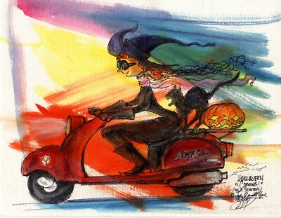 WITCH CYCLE Scooter Vespa Black Cat Halloween Signed Print by JOHN RANDALL YORK