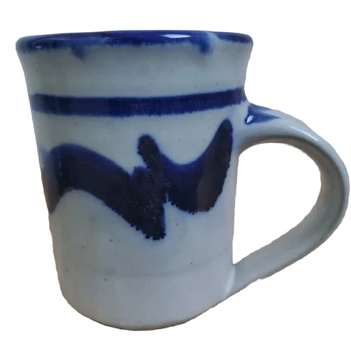 VTG Art Pottery Mug MCM Studio Hand Made Blue Swirl Cup Glaze 10 oz Signed 