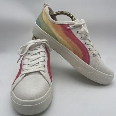Bobs From Skechers Memory Foam White Canvas Lace Up Rainbow Pride Shoe  Womens