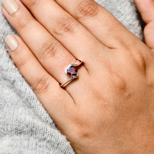 Ring Silver 925 Sterling Garnet Heart Rhodolite Red Natural Gemstone Over Band - Picture 2 of 5