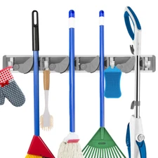 Mop Broom Holder Wall Mount Garden Kitchen Tool Organizer 4 Slots 4 Hooks Hanger