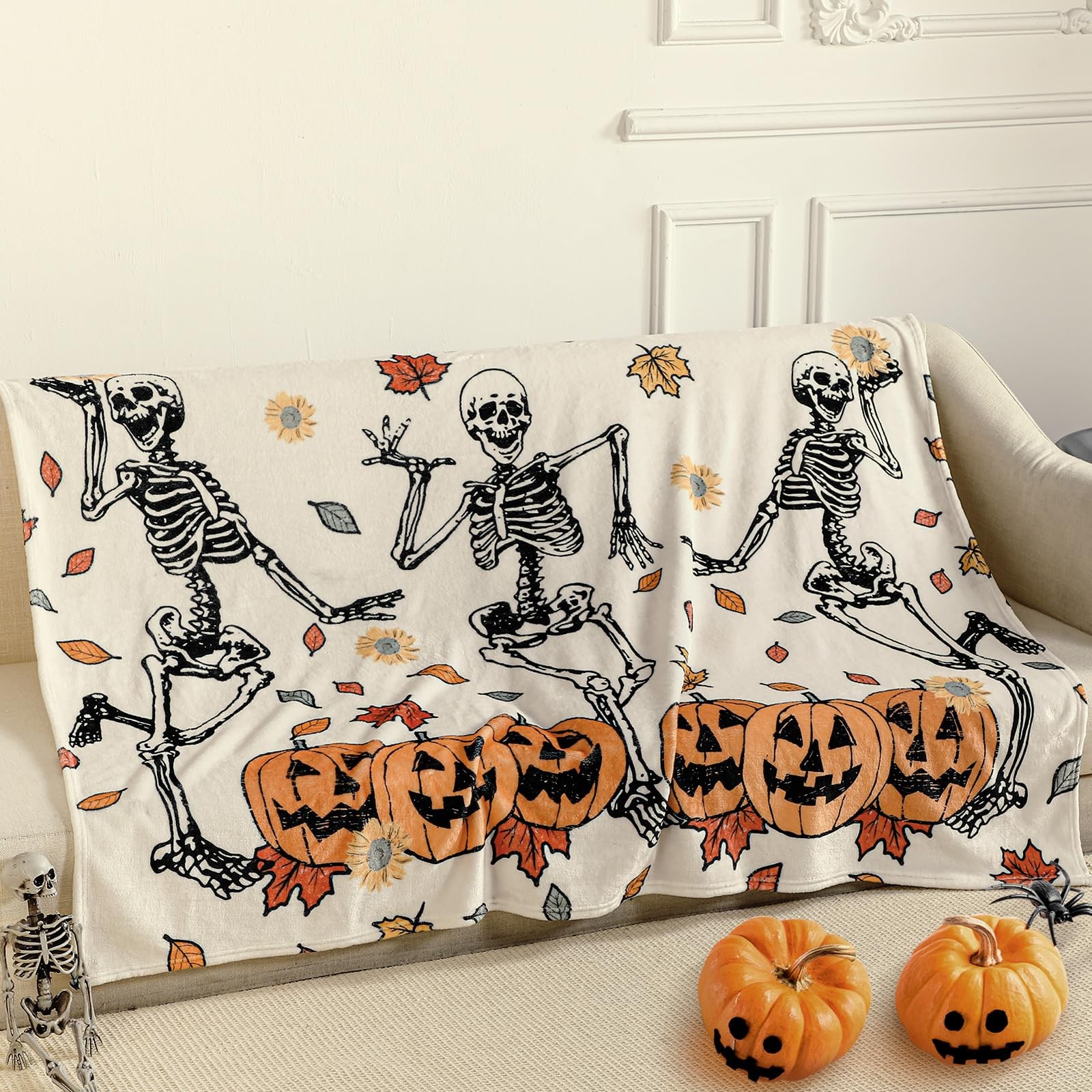 Manta FuWeave Halloween Baile Esqueleto Calabaza Esqueleto, Blanco