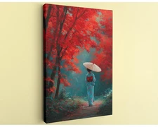 Japanese Kimono Art Handcrafted Canvas Print Autumn Red Maple Landscape