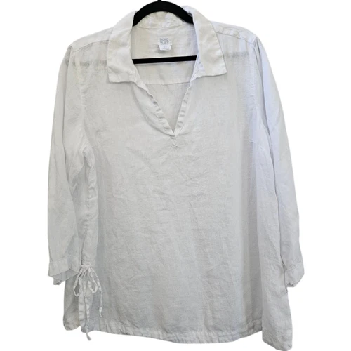 Sigrid Olsen Top Womens XL White Linen Scalloped Sides Tie Vacation Resort Beach - Picture 1 of 12