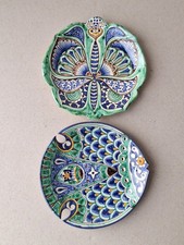 Pair of Small Plates Majolica Style Ceramic Dishes Multicoloured Butterfly Fish