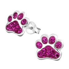 925 Sterling Silver Fuchsia Crystal Paw Print Stud Earrings 18872 Nickel Free