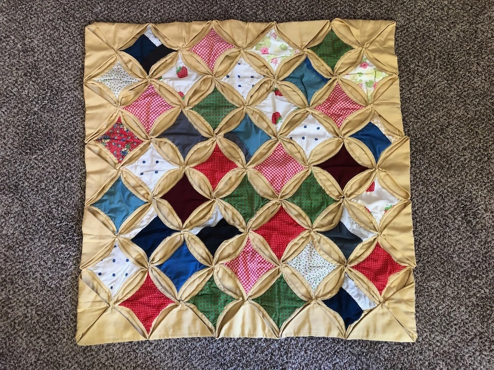 Vintage Cathedral Window small Quilt 3D stained glass 37x35 fabric study - Image 2 of 4