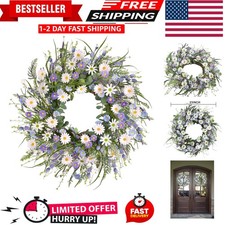 24 Inch Spring Wreath for Front Door, Artificial Green  White Floral Wreath