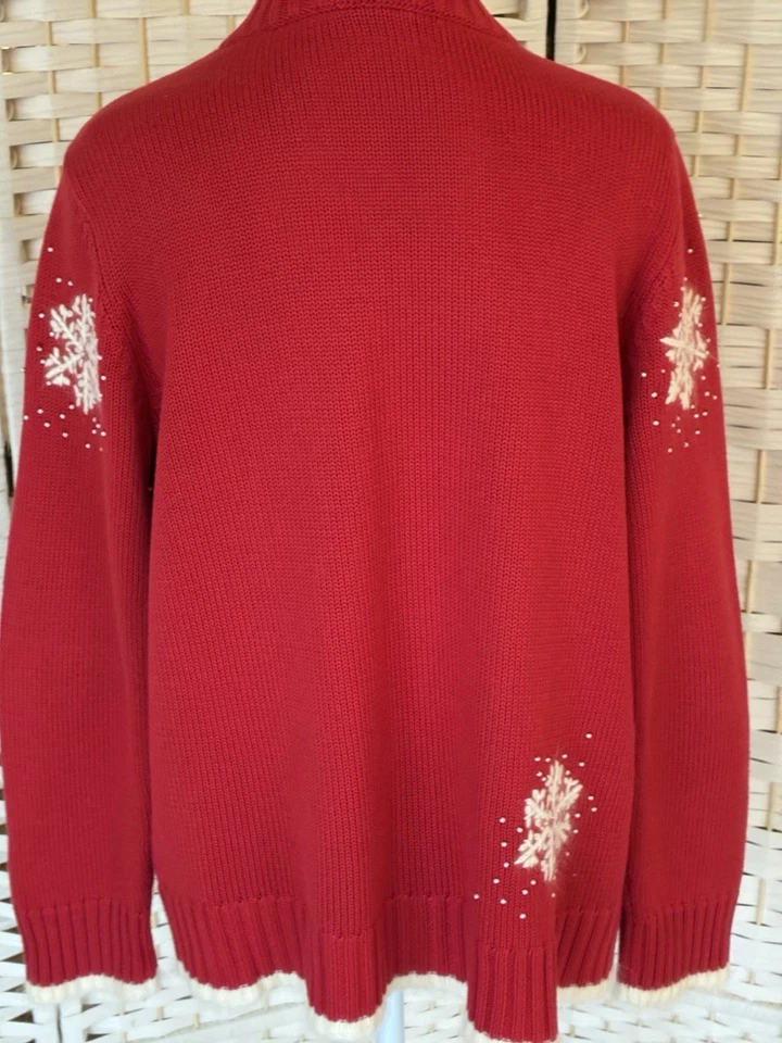 Quacker Factory Zip Front Snowflake Tipped Cardigan Sweater Red White Women's M - Image 2 of 4