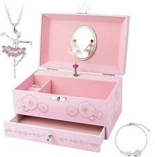 Kids Musical Jewelry Box for Girls Pink  Drawer and Jewelry Set with Ballerina