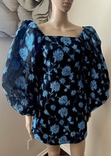 NWOT AURETA Georgia Floral Embroidered Mini Dress Ballon Puff Sleeve Retro sz S