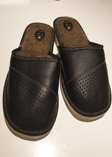 MEN'S REAL NATURAL LEATHER & WOOL VERY COMFORTABLE WARM BLACK SLIPPERS SIZE 10UK