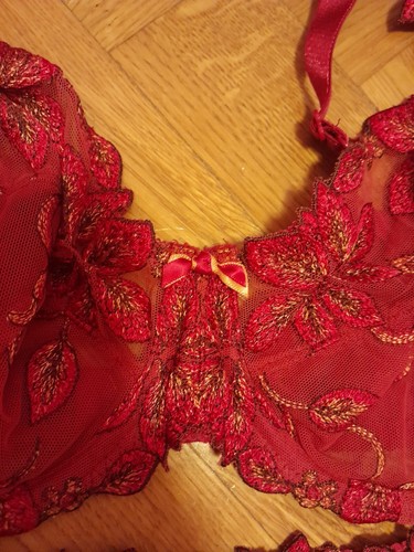 BH Set 80 D rot Stickerei Slip 38 40 Strass Transparent Dessous - Bild 4 von 5