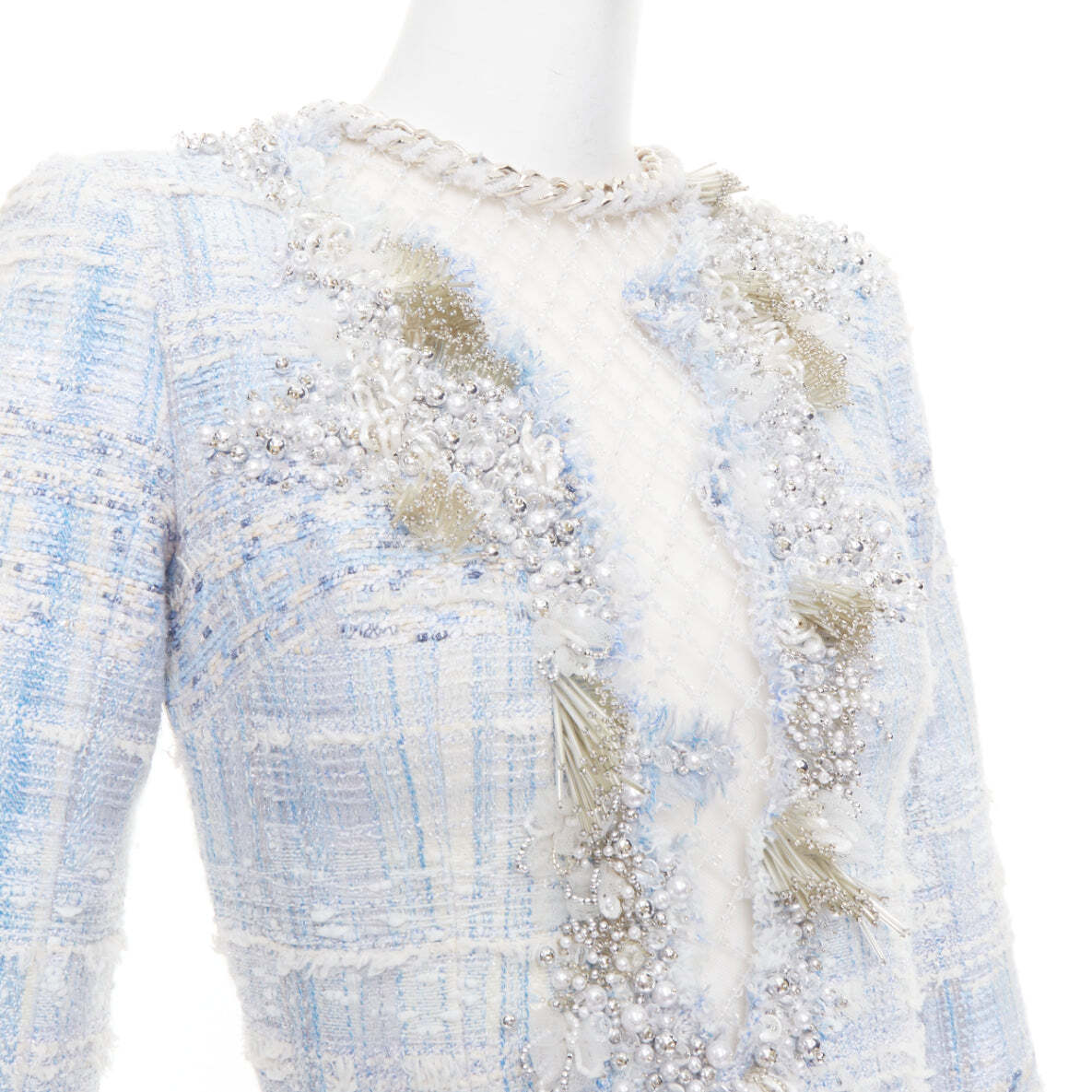 rare BALMAIN blue white tweed pearl bead embellished plunge