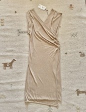 BNWT ZARA Beige Linen Blend DRAPED WRAP V NECK FINE KNIT MIDI DRESS S 8 10 £50