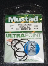 6 Mustad 39948NPBN-40 Ultra Point Size 4/0 Demon Wide Gap Circle Hooks 