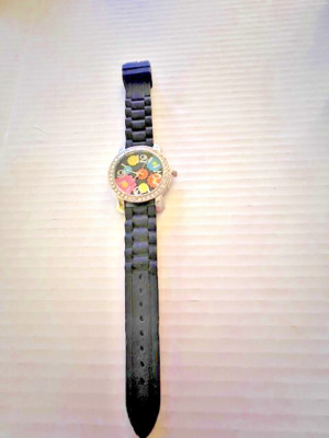 Black Rubber Large Face Floral Rhinestone Trim Watch New Battery Excellent