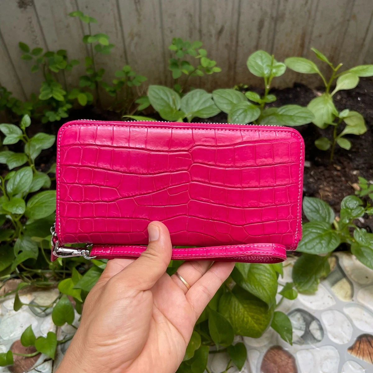 PINK GENUINE CROCODILE SKIN HAND CLUTCH LONG WALLET CARD ZIPPER MONEY CLIP  WOMEN