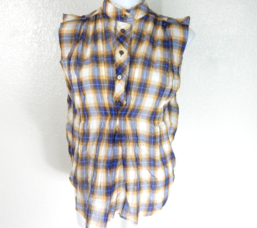 Marc Jacobs Women's 0 Top Plaid Sleeveless Raw Edge Popover Button Blouse - Picture 2 of 4