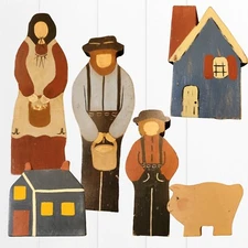 Vtg Amish Primative Folk Art Hand Cut Wood Doll Figures Home Decor