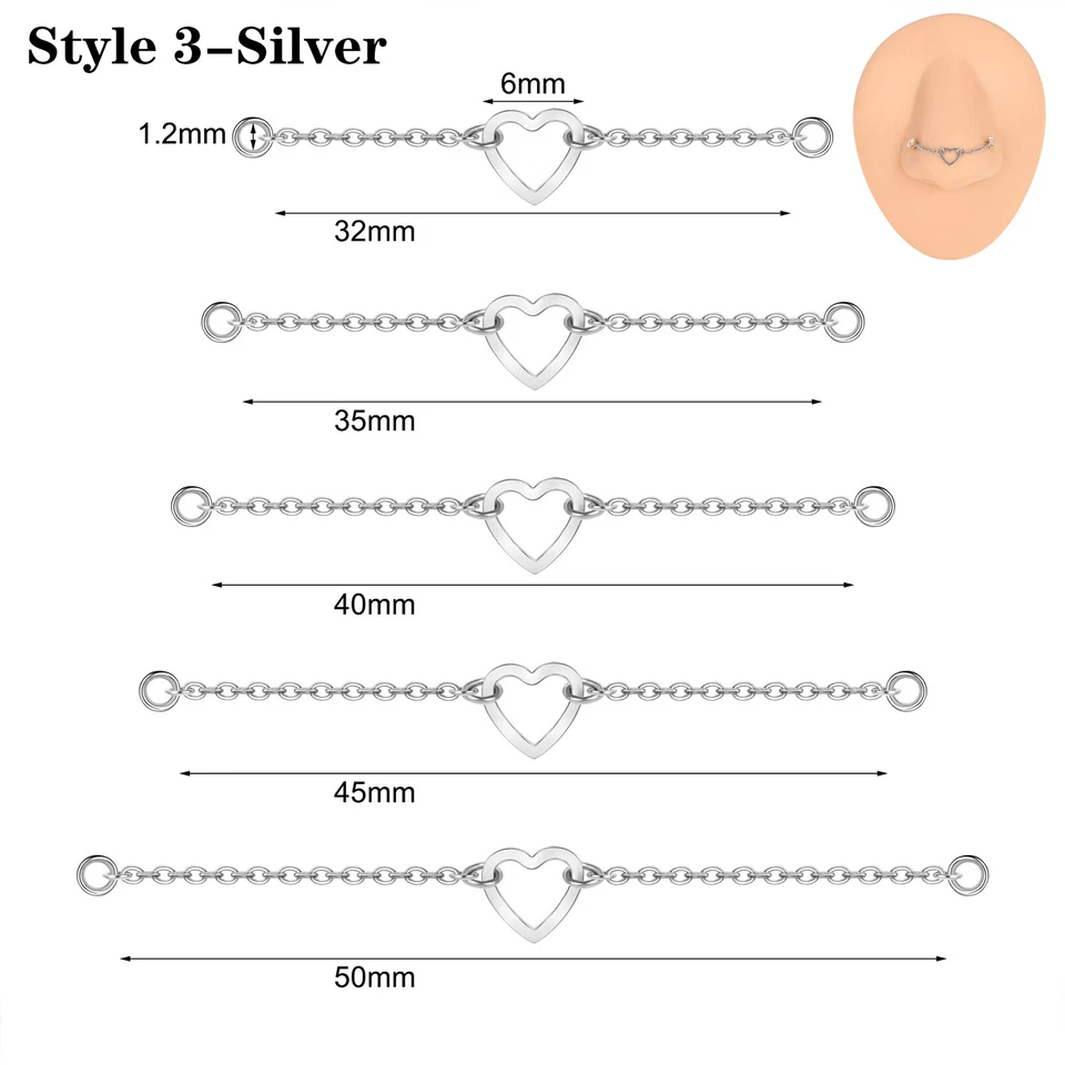 5 piezas cadenas para nariz de acero inoxidable doble nariz perforación puente fosa nasal joyería Foto 4 de 4