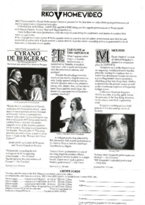 RSC /RKO Werbeauftragsformular 1985 DEREK JACOBI SINEAD CUSACK ANTONY SHER