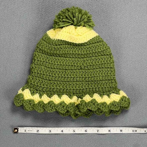 Handmade Beanie Womens Vintage Crocheted Green PomPom 9" Winter Snow Cap Hat - Picture 3 of 5
