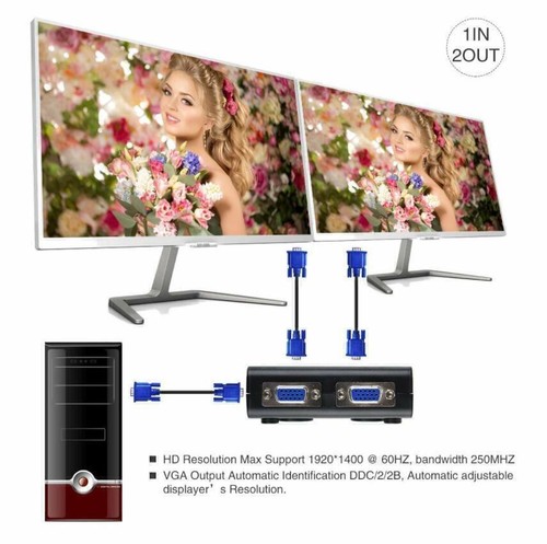 Adaptateur Convertisseur Répartiteur Vidéo VGA Haute Résolution 1 à 2 Moniteur Switch - Photo 2/11