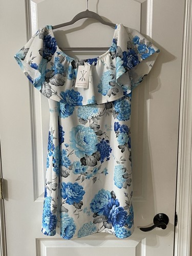 Sun & Moon Women’s Size Medium Blue Floral off shoulders dress NWT BIN U - Picture 2 of 7