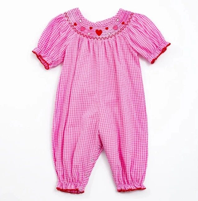 Boutique Valentine's Day Smocked Heart Baby Girls Pink Romper Jumpsuit