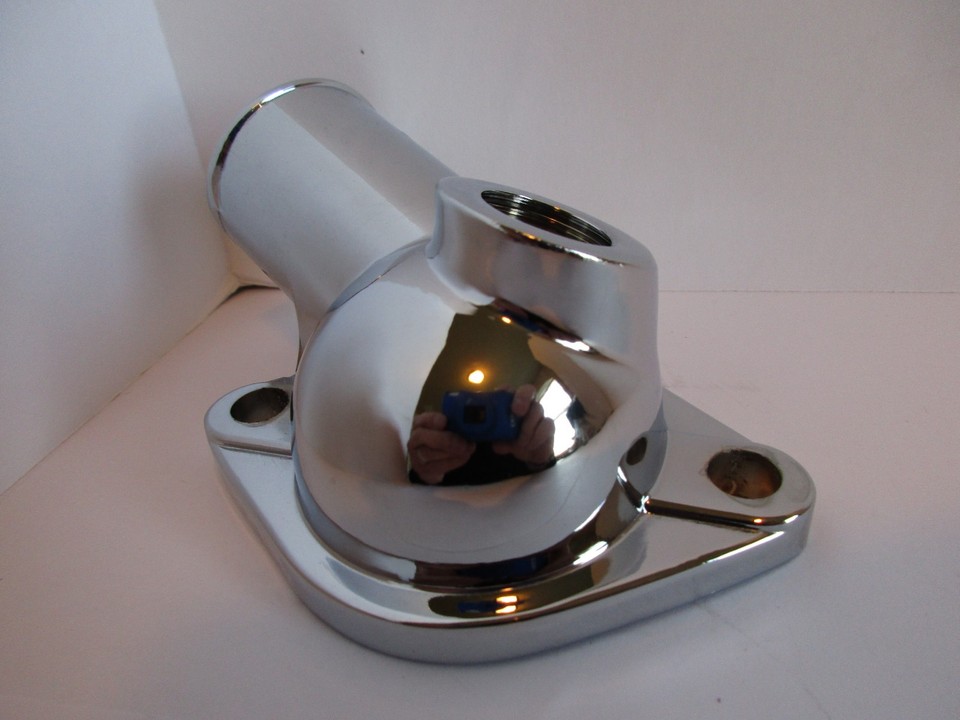 SBC BBC Chevy 15deg CHROME WATER NECK THERMOSTAT HOUSING WITH TEMP PORT