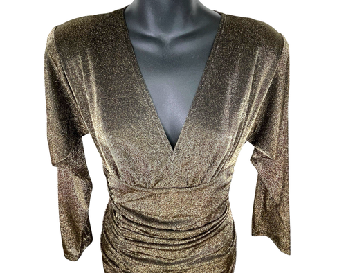 Alexa B Evening Metallic Black Gold Shimmering Dress Ruched Deep V Neck Sz 6 NEW - Picture 3 of 18