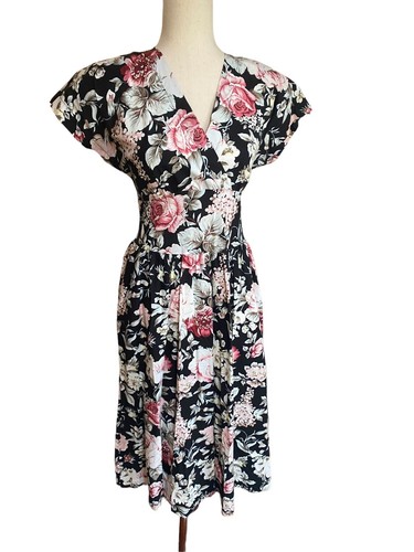 VTG Cottage Core Dress 90s Garden Dark Floral Black Shabby Chic Feminine Medium - Picture 2 of 7