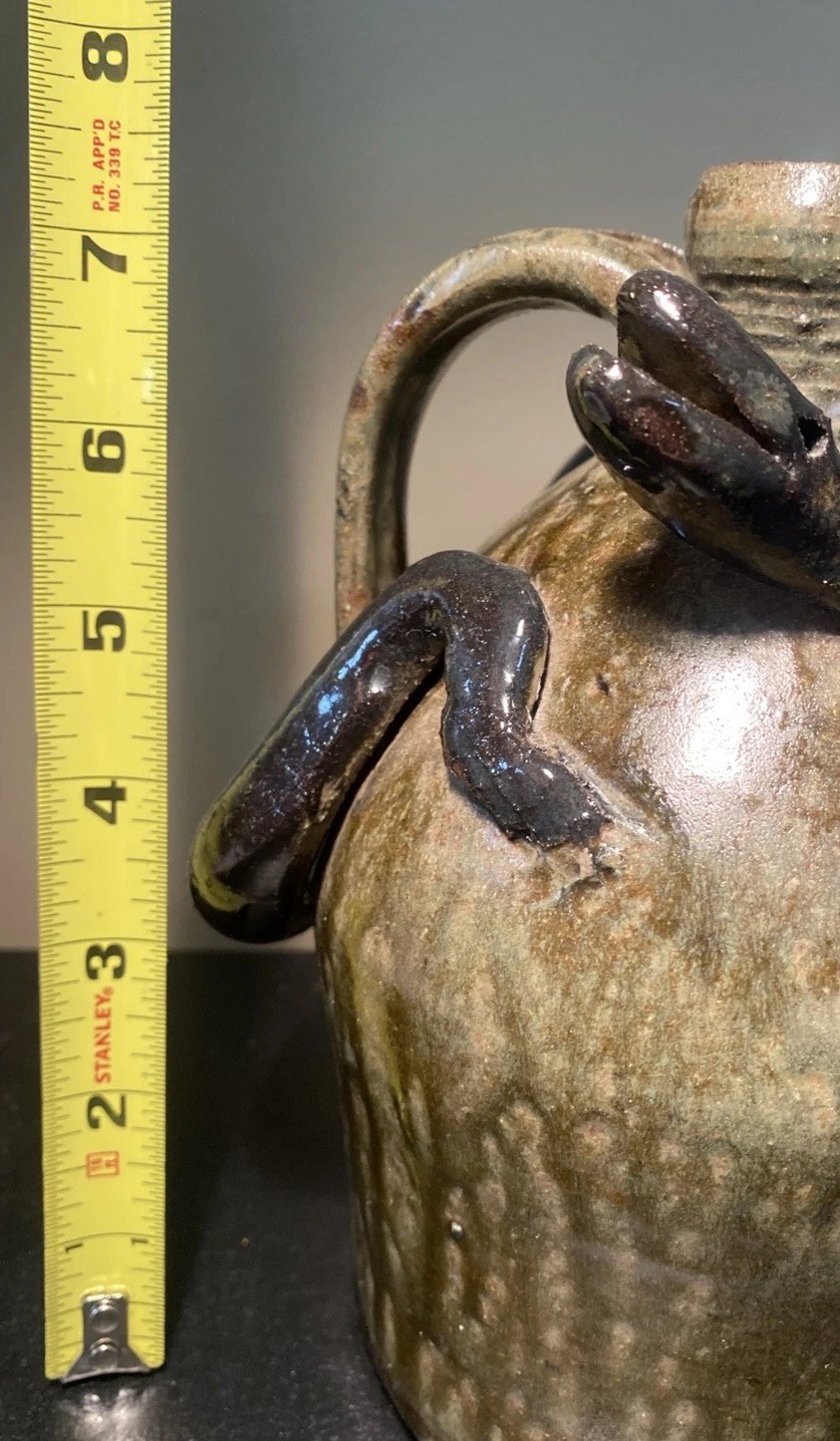 VTG Folk Art Primitive Creepy Flask Pottery Snake Jug Brown Glaze Marvin Bailey