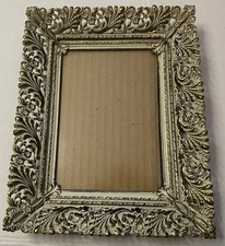 Vintage Ornate Filigree Gold Tone 5x7 Picture Frame Open Work Floral White Wash
