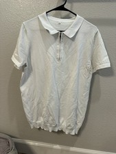 Men's White Short Sleeve Zip Collared Polo Shirt Solid Pattern
