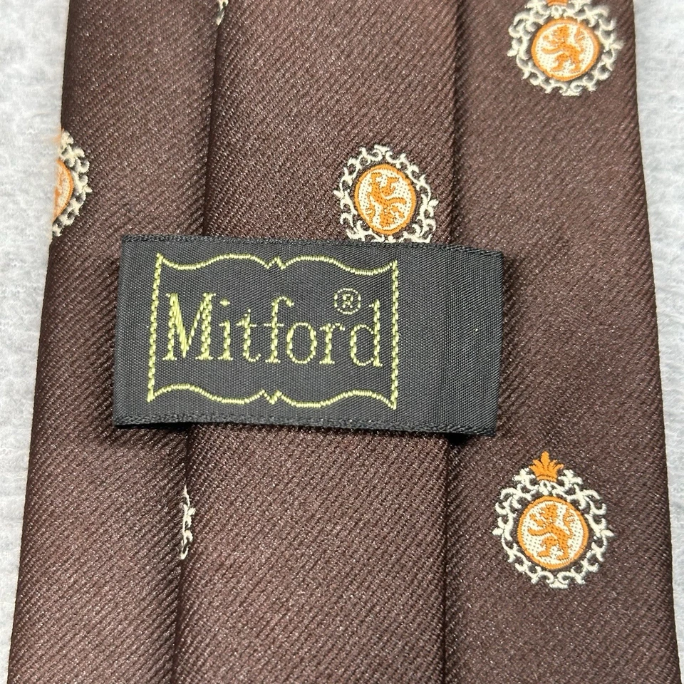 Винтажный мужской галстук Mitford коричневый полиэстер шелковая смесь золотистая вышивка эмблемы - Изображение 2 из 4