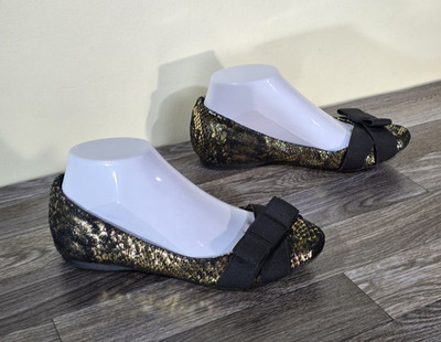 Dirty Laundry Ballet Flats Womens Size 7 Black Gold Metallic Snake Print Bow