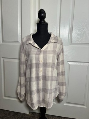 Thread & Supply ivory/grey plaid relaxed fit button-down top (size L)