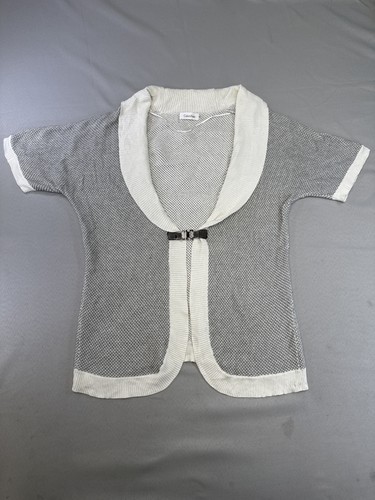 Calvin Klein Cardigan XS Gray White Knit Shawl Collar Short Sleeve Open Front