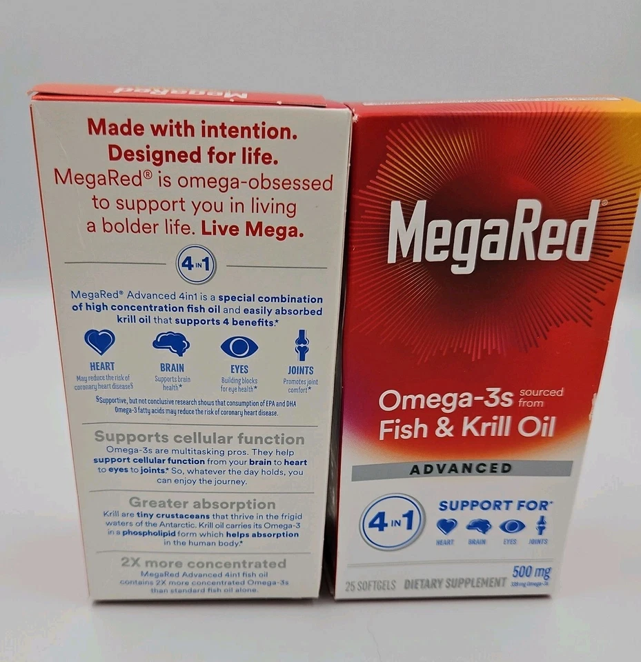 Aceite de pescado y krill MegaRed Omega-3 avanzado 500 mg ~ 25 cápsulas blandas EA ~ CADUCIDAD 8/26 Foto 2 de 4