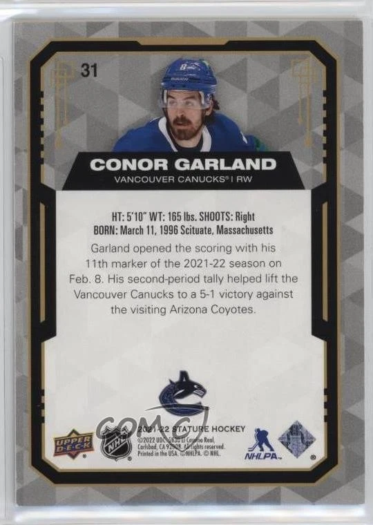 2021-22 Upper Deck Stature Design Variant /65 Conor Garland #31 - Image 2 of 2