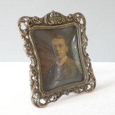 Antique Rococo Metal Photo Frame Convex Domed Glass Easel Back Brass Vintage Old